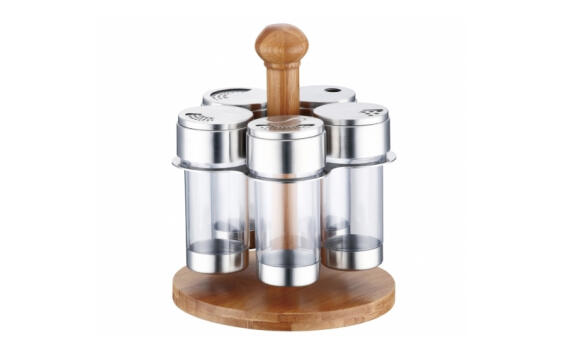 Peterhof Σετ Διάφανα Βαζάκια Μπαχαρικών 5 τεμ. με Ανοξείδωτο καπάκι και Ξύλινη Βάση bamboo, PH-12873