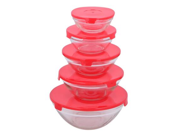 Σετ 5 Γυάλινα Μπολ αποθήκευσης 10 τεμ. με Πλαστικά Κόκκινα καπάκια, Alpina Switzerland