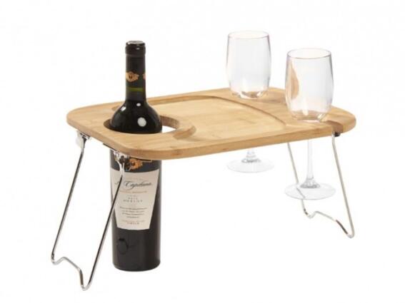 Bamboo πτυσσόμενο τραπεζάκι για σερβίρισμα κρασιού, με εσοχές για μπουκάλι κρασιού και 2 ποτήρια