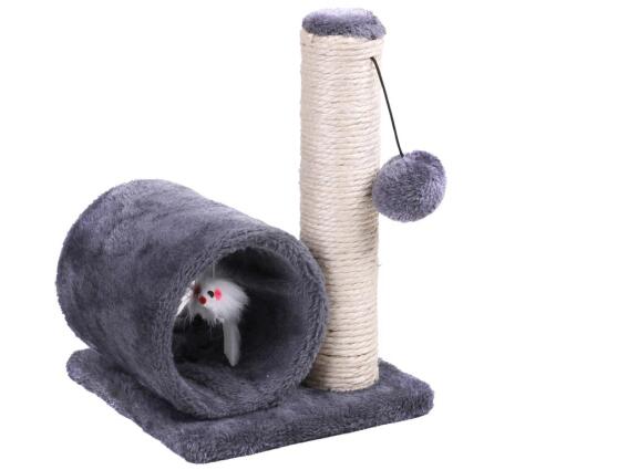 Ονυχοδρόμιο Γάτας Γατόδεντρο με κύλινδρο και pompom σε γκρι χρώμα, 20x20x30cm