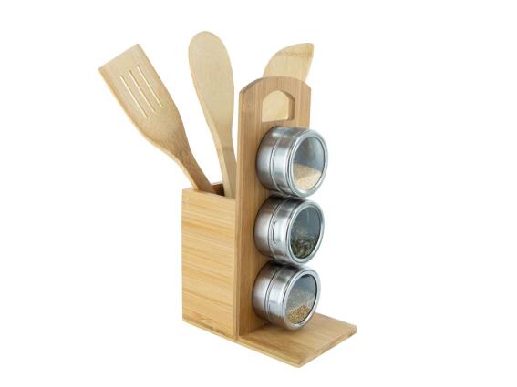Aria Trade Bamboo Σετ Ξύλινη Βάση Μπαχαρικών με 3 βαζάκια και αξεσουάρ σε καφέ χρώμα, 10x15x31.5 cm