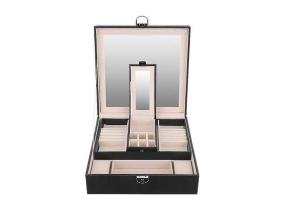 Aria Trade Κοσμηματοθήκη Μπιζουτιέρα με 2 επίπεδα και καθρέφτη από δερματίνη σε μαύρο χρώμα, 25.5x25.5x30 cm