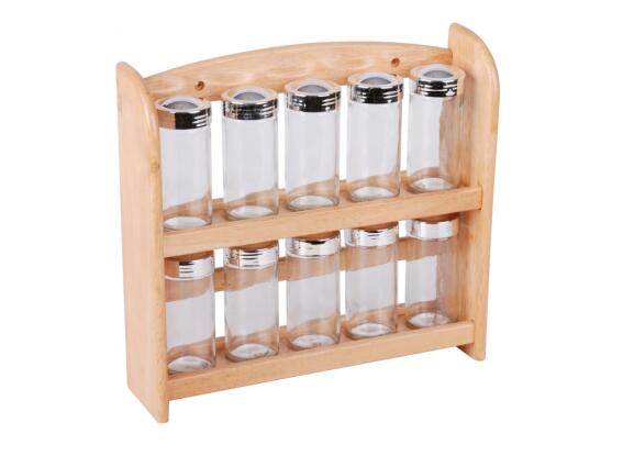 Σετ Ξύλινη Βάση Μπαχαρικών με 10 βαζάκια για μπαχαρικά, 27x29x8 cm, Spice rack