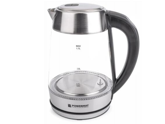 Powermat Γυάλινος Βραστήρας νερού 1.7lt 2200W με φωτισμό led σε Ασημί χρώμα,  PM-ECB-17-GRGBT