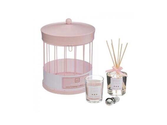 Σετ αρωματικό χώρου 3 τεμαχίων με αρωματικά Sticks, κερί και μεταλλικό κλουβί, 14x19 cm Ροζ Βαμβάκι