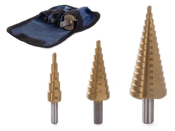 Σετ κωνικά τρυπάνια τιτανίου 3 τεμαχίων με θήκη αποθήκευσης, 10x11 cm