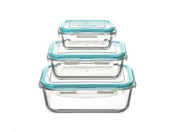 Σετ Γυάλινα Φαγητοδοχεία Μπολ 3 τεμαχίων με κλείσιμο ασφαλείας, σε γαλάζιο χρώμα, 23x16.5x8.5cm