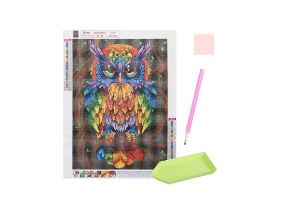 Ψηφιδωτό Μωσαϊκό με ψηφίδες τύπου διαμάντια και σχέδιο Πολύχρωμη Κουκουβάγια, 30x40 cm, Mosaic Art
