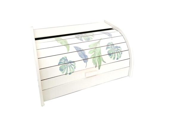 Ξύλινη Ψωμιέρα με Καπάκι σε Λευκό Χρώμα και Πολύχρωμο σχέδιο, 38x26x17cm Φύλλα