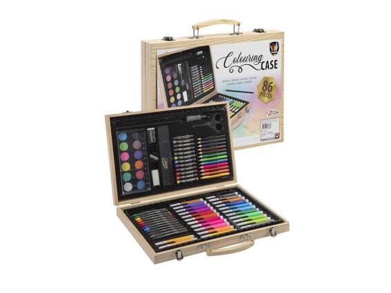 Σετ Ζωγραφικής 86 τεμαχίων σε Ξύλινη Θήκη μεταφοράς σε φυσική απόχρωση ξύλου, 27x34x4 cm