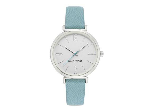 Nine West Γυναικείο Ρολόι χειρός 37mm με Ασημί καντράν και γαλάζιο δερμάτινο λουράκι, NW/2511SVLB