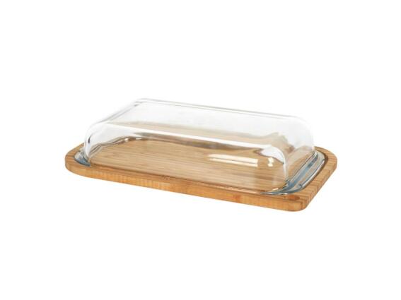 Δοχείο Τυριού, Τυριέρα με γυάλινο καπάκι και βάση Bamboo, 28x5x18 cm
