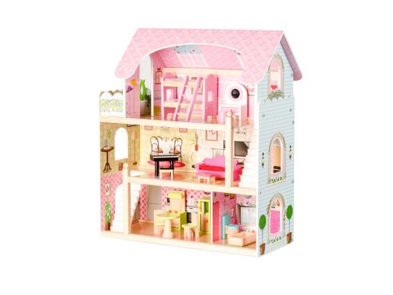 Ecotoys Ξύλινο Κουκλόσπιτο 3 Ορόφων με 4 Κούκλες και 15 Αξεσουάρ, 63x36x71 cm