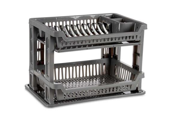 Πλαστική Διπλή Πιατοθήκη Στεγνωτήριο πιάτων με δίσκο Αποστράγγισης σε Γκρι χρώμα, 45x30x31.7 cm