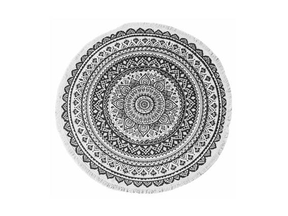 Διακοσμητικό στρογγυλό χαλί με κρόσσια στο τελείωμα, ασπρόμαυρο, 90x90x0.6 cm