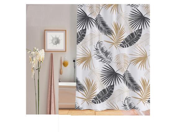 Πλαστική κουρτίνα μπάνιου με σχέδιο τροπικά φύλλα, σε λευκό χρώμα με 12 κρίκους, 180x200 cm