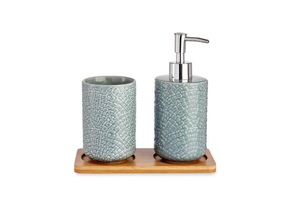 Σετ αξεσουάρ μπάνιου 3 τεμαχίων με κεραμικά δοχεία και bamboo βάση τοποθέτησης, 20x9x18.5 cm