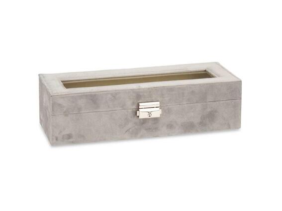 Βελούδινη θήκη ρολογιών με διάφανο καπάκι, 6 θέσεων με κλειδαριά, σε γκρι χρώμα, 11.5x30.5x8.5 cm