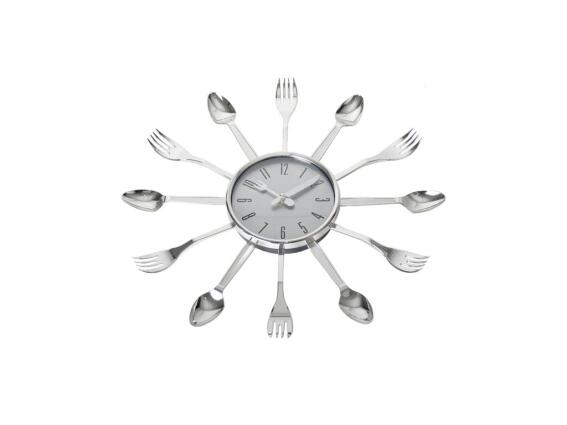 Ρολόι Τοίχου κουζίνας με μοτίβο μαχαιροπίρουνα, σε ασημί χρώμα, 38x38x4 cm