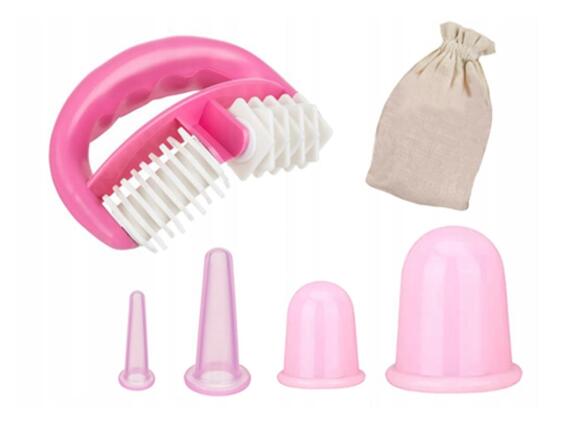 Σετ Βεντούζες  Σιλικόνης 5 τμχ με Roller για Μασάζ Προσώπου και Σώματος, σε Θήκη Ροζ