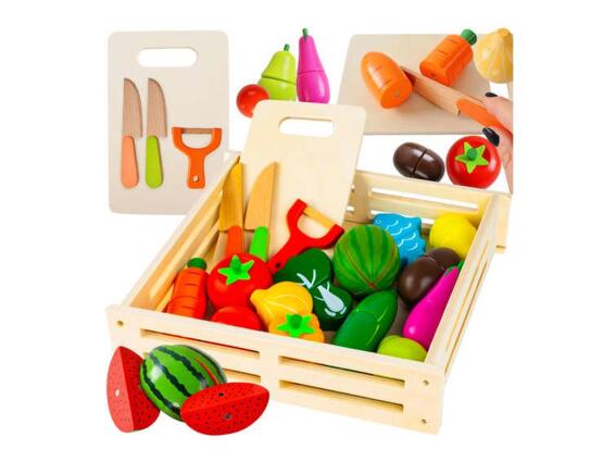 Σετ Ξύλινο Παιχνίδι Καφάσι 34 τεμαχίων με Λαχανικά, Φρούτα, Ξύλο Κοπής και Μαχαίρια, 23.5x26x6 cm