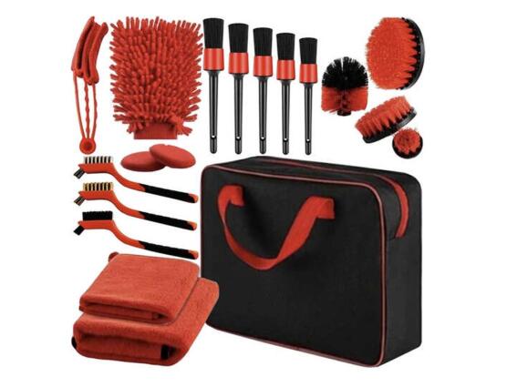 Ολοκληρωμένο Σετ Καθαρισμού Αυτοκινήτου 19 τμχ σε Θήκη σε Μαύρο Κόκκινο χρώμα, 28.5x24x8.5 cm