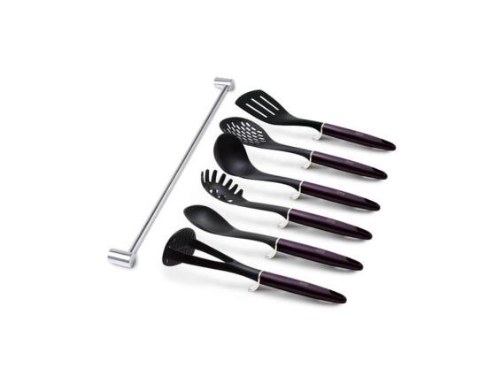 Σετ πλαστικά Εργαλεία Κουζίνας 7 Τεμ με Επιτοίχια Ράγα για Κρέμασμα, Purple Eclipse BH-6331