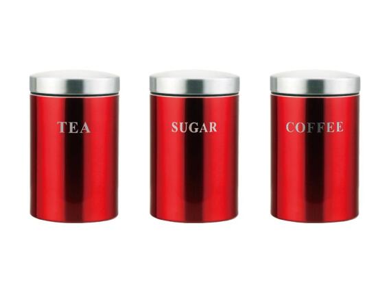 Cheffinger Σετ Μεταλλικά Δοχεία 3 Τεμαχίων για Καφέ, Ζάχαρη και Τσάι σε Κόκκινο Χρώμα, CF-CAN3R