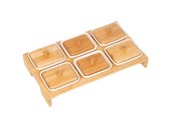 Cheffinger Σετ Σερβιρίσματος Ξύλινη Πιατέλα από Μπαμπού με 6 Μπολάκια και Πιατάκια, CF-CCB6