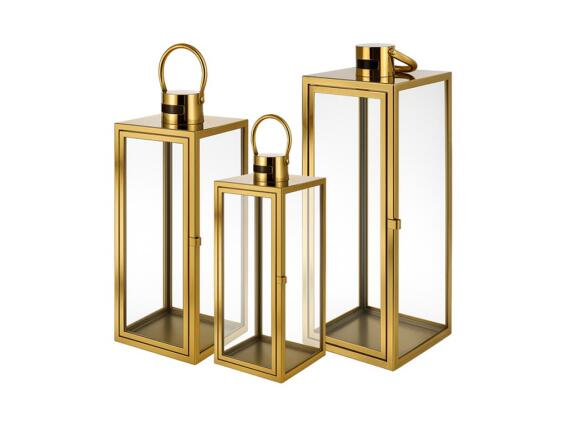 Σετ Φαναράκια 3 Τεμαχίων από Ανοξείδωτο Ατσάλι και Γυαλί σε Χρυσό Χρώμα, 38/49/63 cm