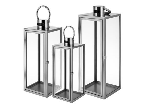 Σετ Φαναράκια 3 Τεμαχίων από Ανοξείδωτο Ατσάλι και Γυαλί σε Ασημί Χρώμα, 38/49/63 cm