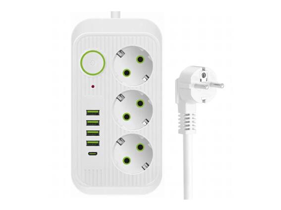 Πολύπριζο Ρεύματος 3 Θέσεων 250V με Καλώδιο 2 m και 5 Θύρες USB σε Λευκό Χρώμα, 9x4x17 cm