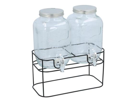 Σετ 2 Τεμαχίων Γυάλινοι Διανεμητές Ποτών 2x4lt με Μεταλλική Βάση και Βρυσάκια, 33x17x32.5 cm