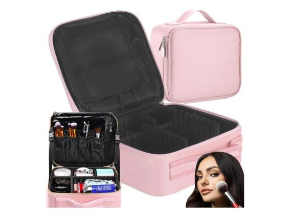 Βαλιτσάκι Μακιγιάζ, Νεσεσέρ Οργάνωσης Καλλυντικών με Ρυθμιζόμενες Θήκες σε Ροζ Χρώμα, 26x10x23 cm