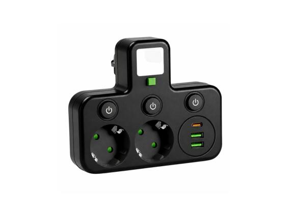 Aria Trade Αντάπτορας Πρίζας με 2 Πρίζες Σουκο, 2 USB-A, USB-C και LED Φωτισμό Νυκτός