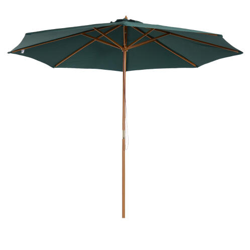 Outsunny Garden Parasol Φ300 x 250Acm με άνοιγμα σχοινιού, 8 νευρώσεις και ξύλινο κοντάρι, σκούρο πράσινο 01-0243