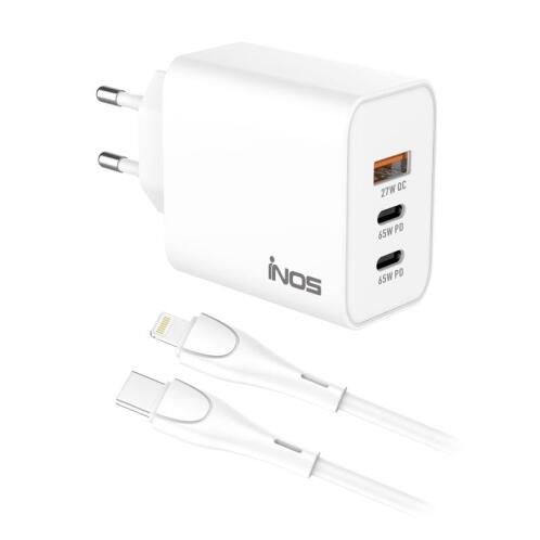Φορτιστής Ταξιδίου Ταχείας Φόρτισης inos με Τριπλή Έξοδο USB A & 2xUSB C GaN PD QC 3.0 65W & Lightning Καλώδιο 1m Λευκό