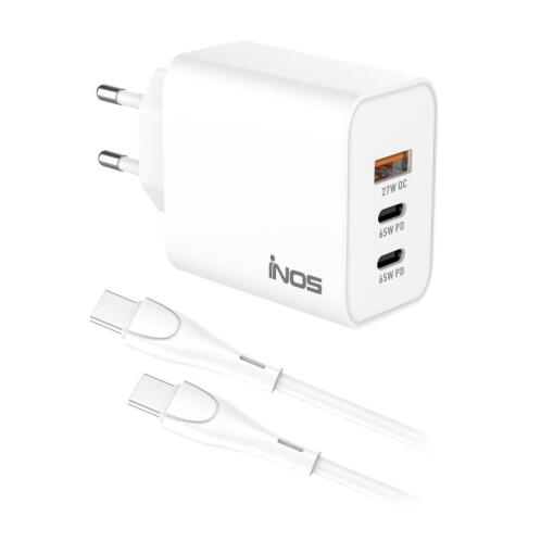 Φορτιστής Ταξιδίου Ταχείας Φόρτισης inos με Τριπλή Έξοδο USB A & 2xUSB C GaN PD QC 3.0 65W & USB C Καλώδιο 1m Λευκό