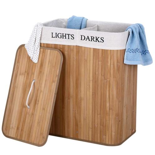 BAKAJI  Καλάθι Απλύτων 2 Διαμερίσματα Πτυσσόμενο Καλάθι από Μπαμπού Ύφασμα  02822553