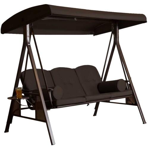 BAKAJI  Κούνια Κήπου Ίμπιζα 3 Θέσεων με Σκίαστρο Μαξιλάρια και Πτυσσόμενους Δίσκους Καφέ  02828216