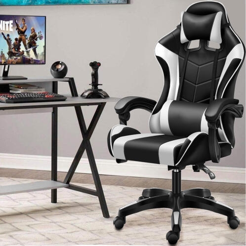 BAKAJI  Μαύρη και Λευκή Καρέκλα Gaming με Μαξιλάρι Στήριξης Κεφαλής και Οσφυϊκής Περιοχής Καρέκλα Γραφείου  02841596