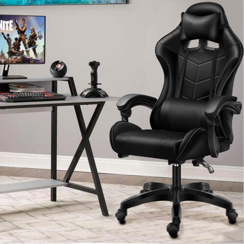 BAKAJI  Μαύρη Καρέκλα Gaming με Μαξιλάρι Στήριξης Κεφαλής και Οσφυϊκής Περιοχής Καρέκλα Γραφείου  02841597