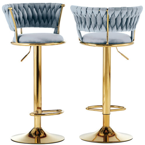 BAKAJI Σετ 2 Σκαμπό Κουζίνας Μπαρ με Πλεκτή Πλάτη σε Βελούδο Γκρι και Χρυσή Δομή 02841742