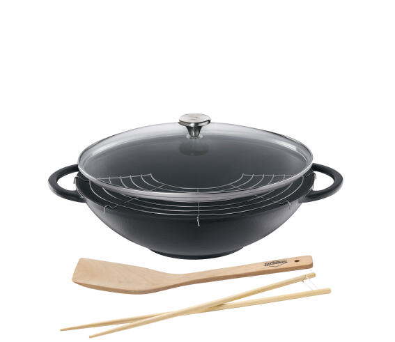 Kuchenprofi Wok με Γυάλινο Καπάκι 36cm Μαύρο Premium με Αξεσουάρ Provence -Σετ 5 Τεμαχίων