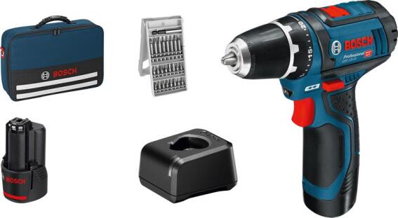 Bosch GSR 12V-15 Δραπανοκατσάβιδο μπαταρίας 12V (2 μπαταρίες & φορτιστή )& Σετ 25 εξαρτημάτων σε υφασματινη θήκη