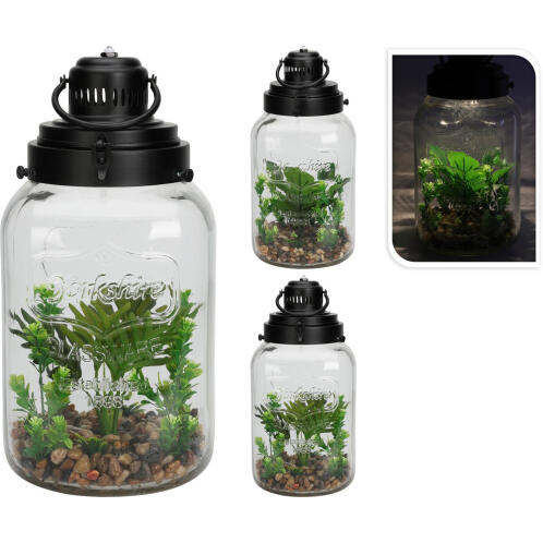 ArteLibre Φυτό Τεχνητό Σε Γυάλινο Δοχείο Με Μεταλλικό Καπάκι Και Χερούλι Και LED Φωτισμό Μπαταρίας 200x390mm