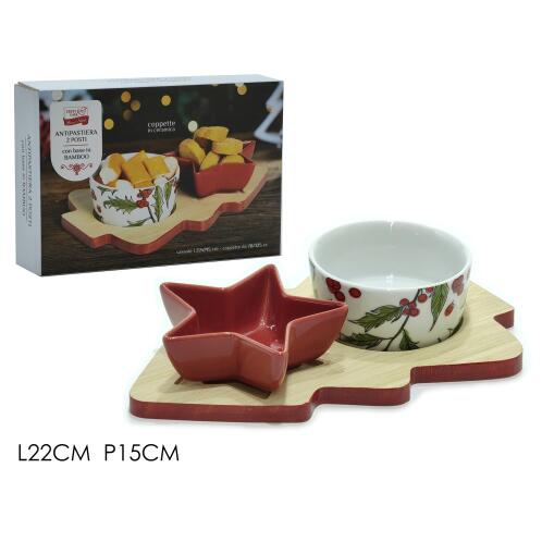 ARTELIBRE Δίσκος Σερβιρίσματος Με 2 Δοχεία Με Χριστουγεννιάτικη Διακόσμηση Φυσικό/Κόκκινο Μπαμπού/Κεραμικό 22x15cm