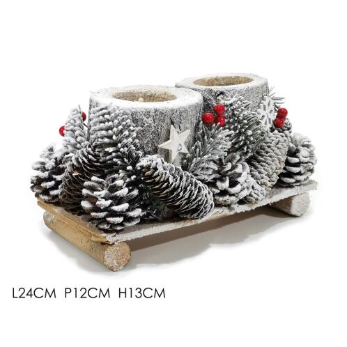 ARTELIBRE Κηροπήγιο Κορμοί Δέντρου 2 Θέσεων Σε Ξύλινη Βάση Με Κουκουνάρια Και Berries Χιονισμένο 24x12x13cm