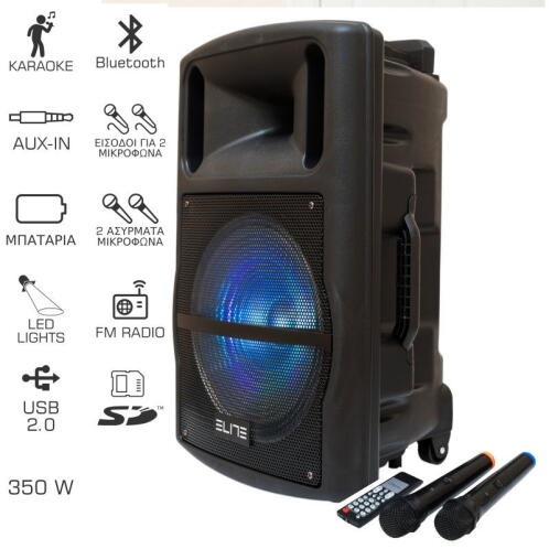 Elite PS-12 Φορητό ηχείο Bluetooth με LED, USB, κάρτα SD, 2 ασύρματα μικρόφωνα - 350 W