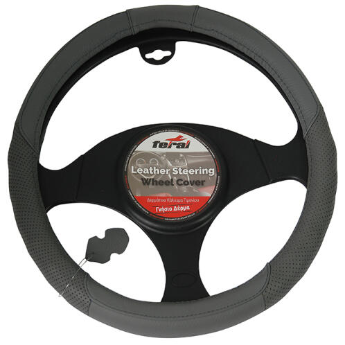 Feral Κάλυμμα Τιμονιού Αυτοκινήτου Δερμάτινο Λείο Με Τρυπητό Γκρι Medium
